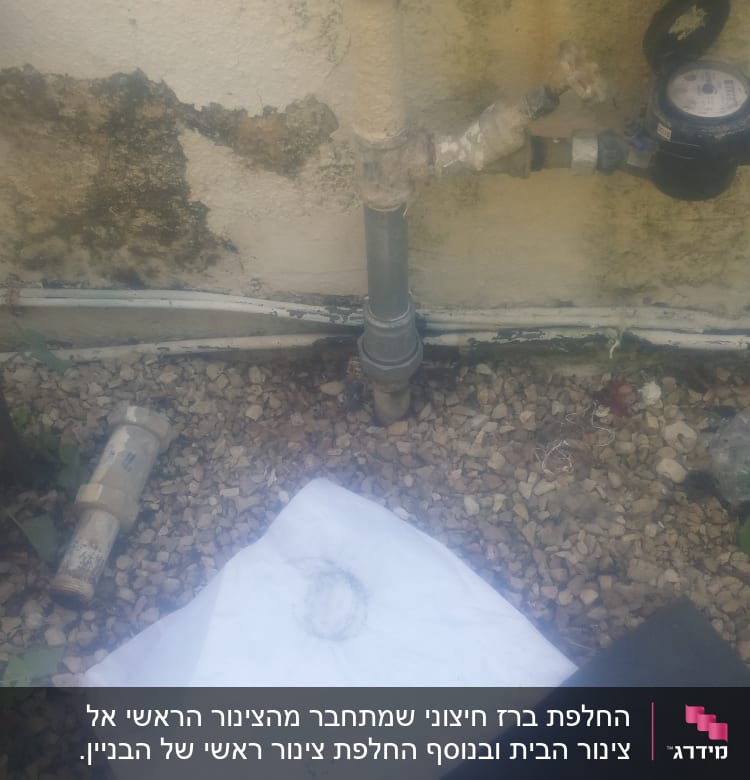 צינור מים עם ברזים ומדי מים על קיר חיצוני